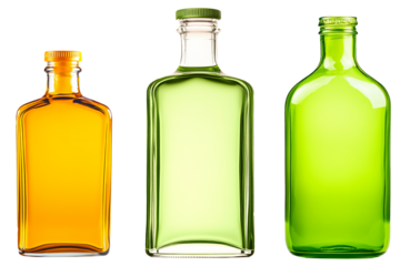 Set of green glass bottle with a green cap isolated on white background. Concept of container, packaging, glassware, and storage solutions