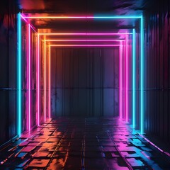 A futuristic corridor glows with neon lights, creating a mesmerizing tunnel effect with vibrant pink and blue hues reflecting on the glossy floor