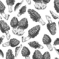 Seamless illustration with outline sketches of morel mushrooms, whole and halves.