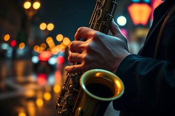 Fototapeta premium Street performer playing saxophone at night in downtown city street with bokeh lights