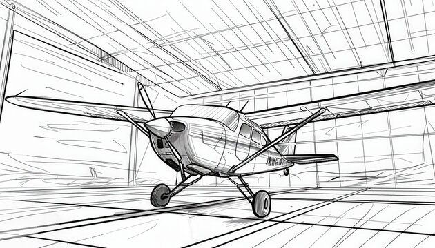 A hand-drawn sketch of a single-engine airplane inside a hangar. Ideal for aviation-themed coloring books, posters, or apparel.