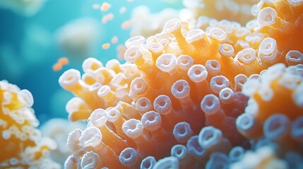 An HD, crystal-clear image of coral anatomy, showcasing the functional aspects of its polyps in a vibrant marine background.