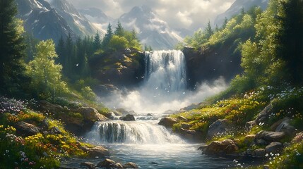 Fototapeta premium Majestic Waterfall in Lush Mountain Landscape with Flowing Stream and Vibrant Wildflowers