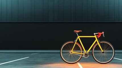 Fototapeta premium Night Parking Lot Bicycle - A yellow bicycle is parked in an empty parking lot at night. It symbolizes freedom, urban life, a simple journey, a quiet moment, and potential.