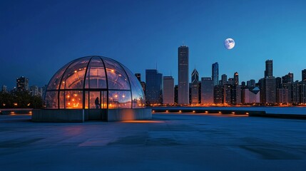 Obraz premium Cityscape Dome Night View - Illuminated geodesic dome at night, city skyline backdrop, full moon, serene atmosphere, urban exploration.