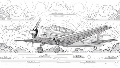 Vintage airplane illustration with stylized clouds. Ideal for aviation-themed apparel, posters, or wall art. Evokes a sense of classic air travel.