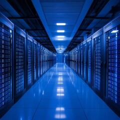 Fototapeta premium A Data center corridor with blue lighting and server racks