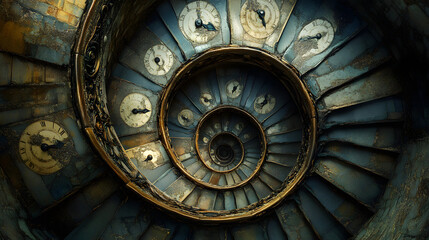 A staircase spiraling into infinity with clock faces embedded in the steps, symbolizing the cyclical and continuous journey of time 