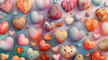 Radiant Display of Whimsical Hearts in Various Shapes, Sizes, and Colors, Evoking Warmth and Joy