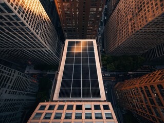 Solar panels integrated into urban architecture, generating power and reducing heat in a metropolitan area