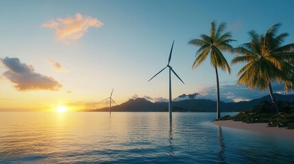 Obraz premium Tidal energy turbines working alongside solar panels to power a tropical beach town adapting to heat