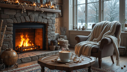 Cozy Winter Living Room with Fireplace, Woolen Blanket, Hot Tea, and Inviting Warm Atmosphere