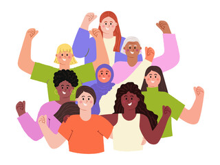 Accelerate action IWD 2025 concept. Diverse happy women with hands raised up with closed fists. International Women's day clip art. Modern flat vector illustration isolated on transparent background