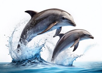 Obraz premium Playful Dolphins Leaping: Dynamic Duo Ocean Wildlife Stock Photo