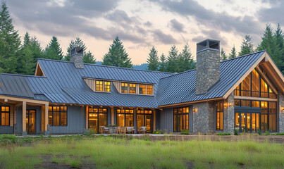 Luxurious modern farmhouse nestled in a tranquil forest setting at dusk.  Warm interior lighting contrasts beautifully with the cool exterior.