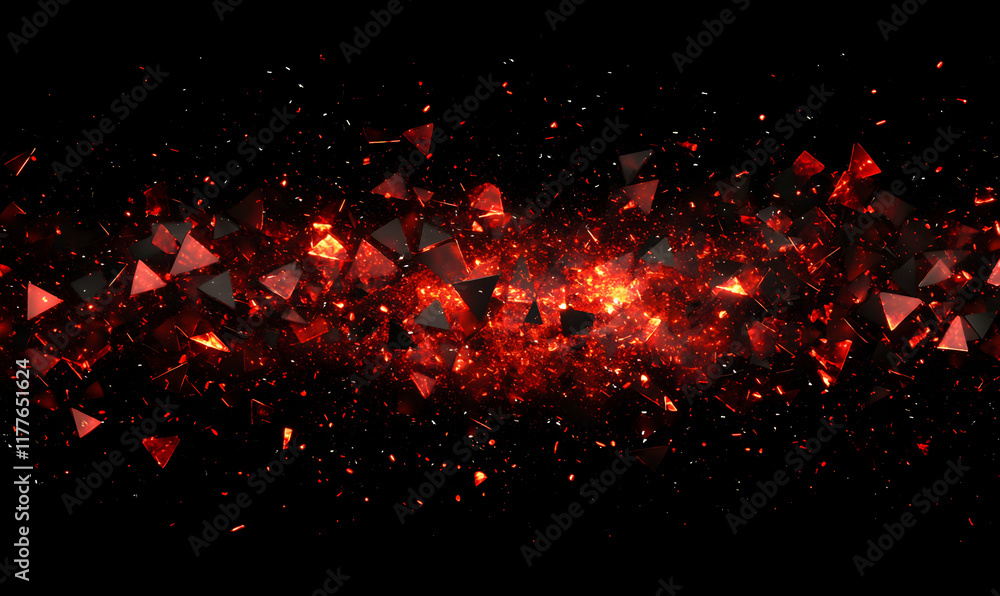 Poster abstract fiery explosion of red triangular shards against a black background; dynamic energy and pow