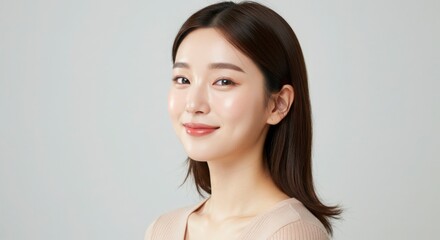 笑顔の美しい若い女性のポートレート, 白背景, スキンケア, ナチュラルメイク, 美容イメージ