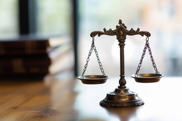 Vintage brass scales of justice on a wooden table with legal books in the background during a bright day
