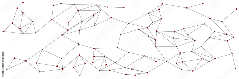 Poster network visualization of red nodes connected by black lines, minimalist composition of isolated geom