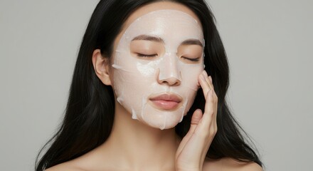 シートマスクを着用し目を閉じたアジア人女性のクローズアップ