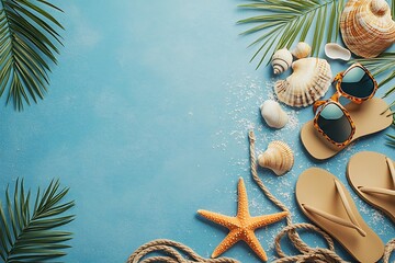 A blue summer background with beach accessories, flip-flops and sunglasses