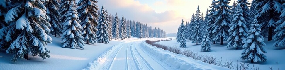 Dense pine forest with snow-covered trees and a winding road, frozen lake, winter wonderland, pine trees