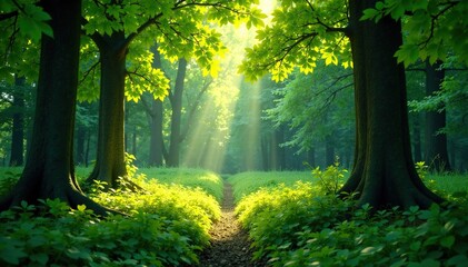 Obraz premium Dense foliage with sunlight filtering through leaves, woodland scene,
