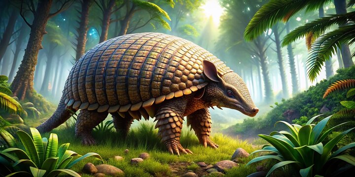 Pleistocene Doedicurus Glyptodont Foraging in South American Forest - 3D Rendered Prehistoric Mammal
