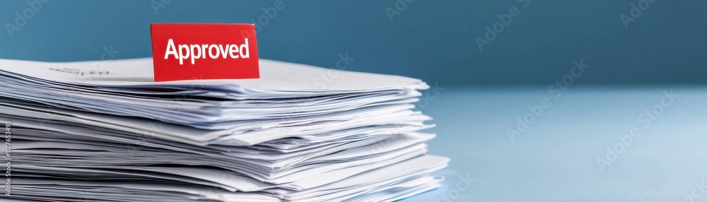 Poster a stack of papers featuring a prominent red 