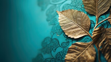 An ornate gold leaf design with elaborate patterns and glowing highlights, set against a vivid turquoise background, blending elegance with modern vibrancy. 