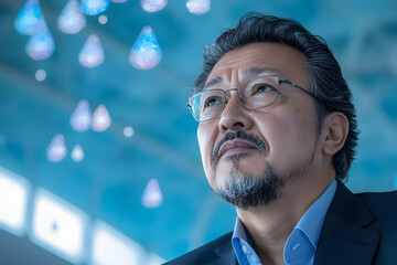 Pensive businessman looking up, modern office, abstract background, corporate portrait, website header