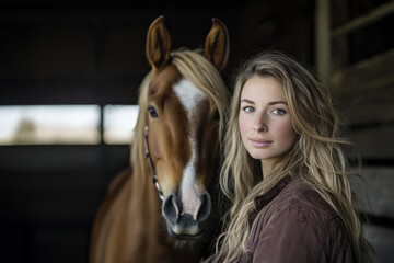 Fototapeta premium A serene portrait of a young woman tenderly posing beside a graceful horse in a rustic stable, embodying the strong bond between humans and animals in an intimate setting.
