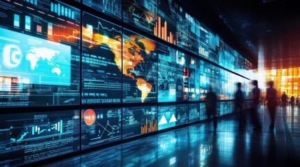 Business people are walking in a modern office corridor with big data screens showing information, global map and statistics, in a futuristic financial center