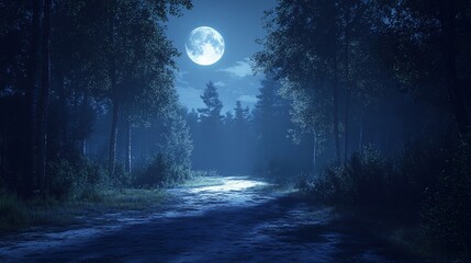 Naklejka premium Forest path at night illuminated by bright moon over trees, fantasy scenery