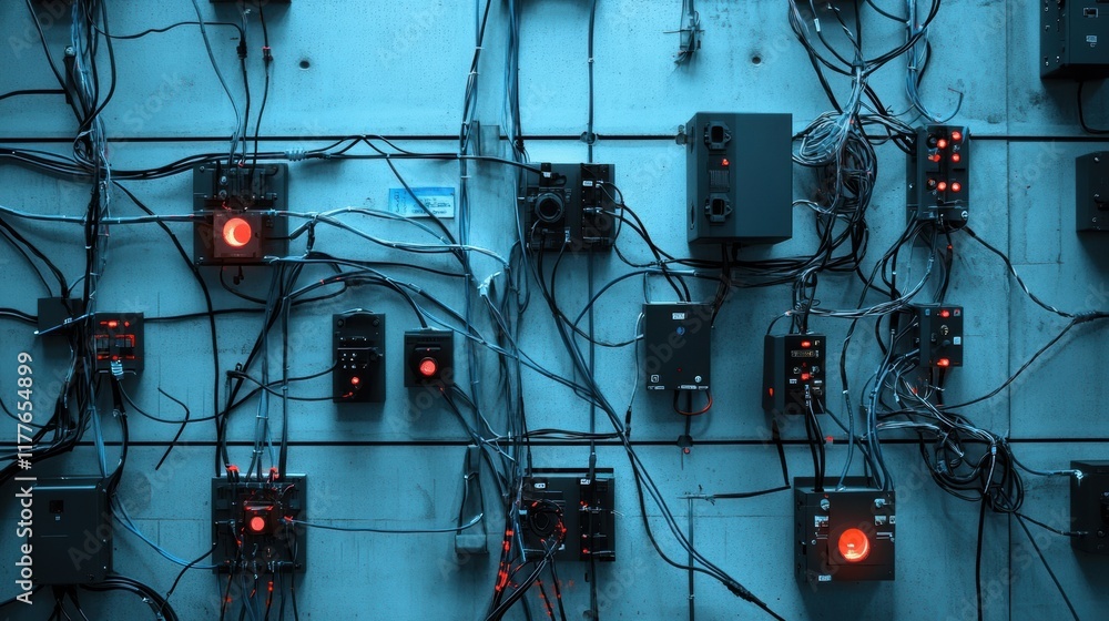 Poster intricate network of wires and electronic devices connecting various components on a wall, creating 
