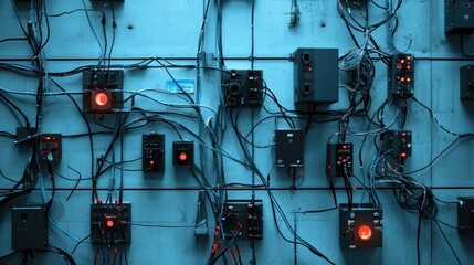 Intricate network of wires and electronic devices connecting various components on a wall, creating a complex and interconnected system illuminated by red lights in a dark ambiance