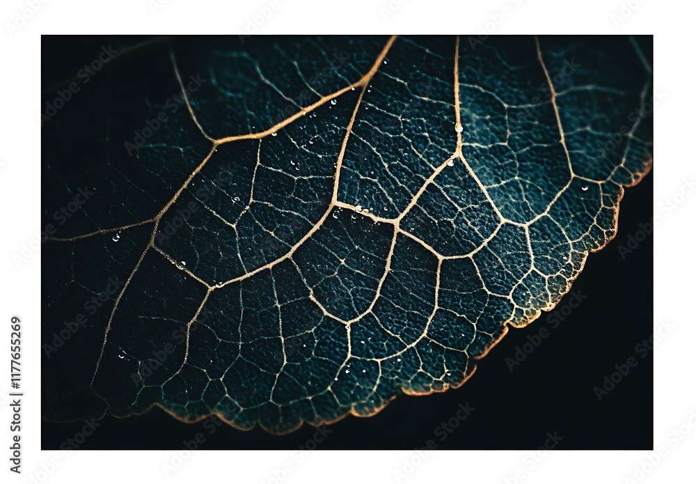 Sticker A close-up of the texture and pattern on a green leaf with water droplets, summer background