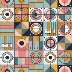 Minimalistic geometric artwork with a grid layout featuring circles, triangles, and polygons. Pastel and earth tones create a modern, versatile design perfect for backgrounds and posters.