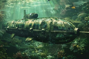 Fototapeta premium Old military submarine exploring the depths of the ocean floor