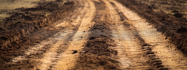Ruts and Tracks of a Dirt Road Leading Through a Rustic Landscape at Sunset Time