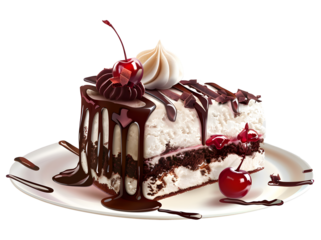 Chocolate cake with cherry cherries isolated on transparent.