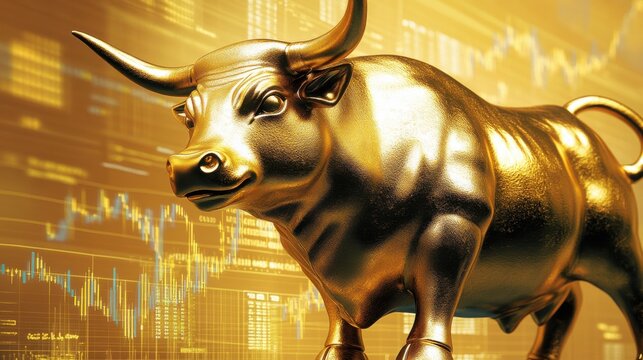 Golden bull symbolizing financial growth and prosperity against a backdrop of rising market trends and stock charts