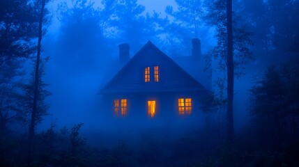 Foggy forest house at night
