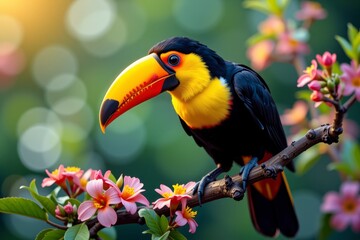 Obraz premium Vibrant Yellow throated Toucan Perched on Branch with Pink Flowers in Lush Tropical Setting