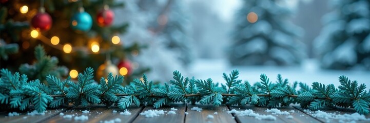 Glittery turquoise foil garlands draped over furniture with a winter landscape background featuring snow-covered trees and twinkling lights, winter, snow