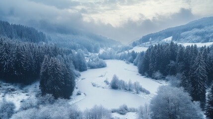 Winter landscape featuring a snow-covered river winding through a dense forest in the countryside during a cloudy day