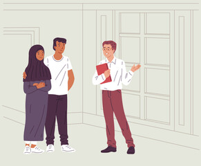 A realtor shows an apartment to a couple. Real estate business concept.