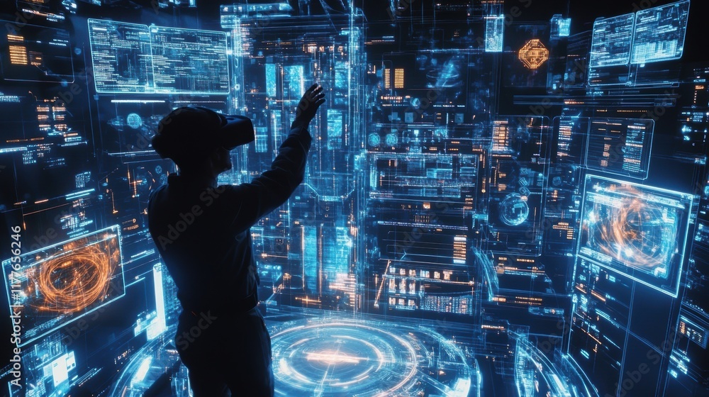 Poster engineer wearing a vr headset interacts with a complex digital interface, managing data in a futuris