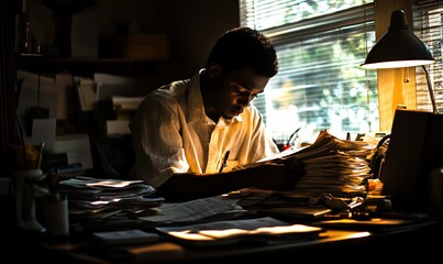 Focused student studying in dimly lit room