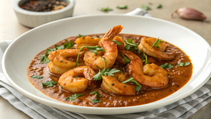 Fototapeta premium Shrimp in Rich Sauce Garnished with Fresh Cilantro